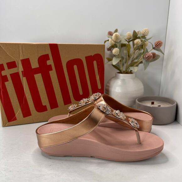 FitFlop Galaxy Crystal Embellished Toe-Thong Sandals Rose Gold Women 9/EU41 NWB - Picture 6 of 11